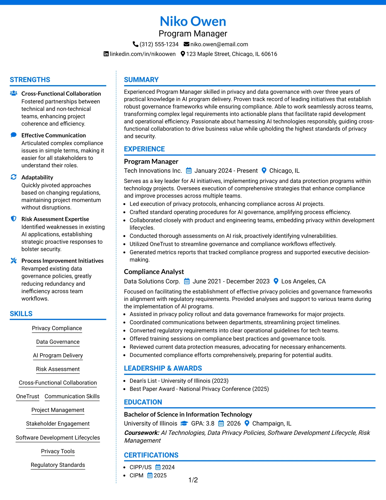 Resume Example Page 1