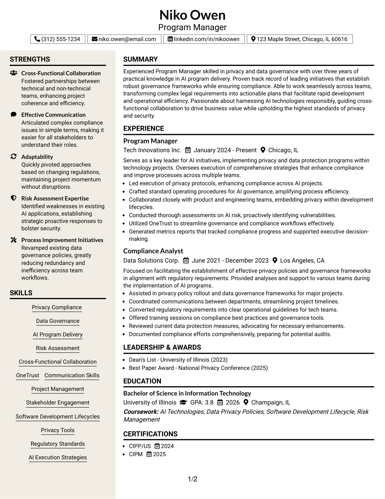 Resume Example Page 1