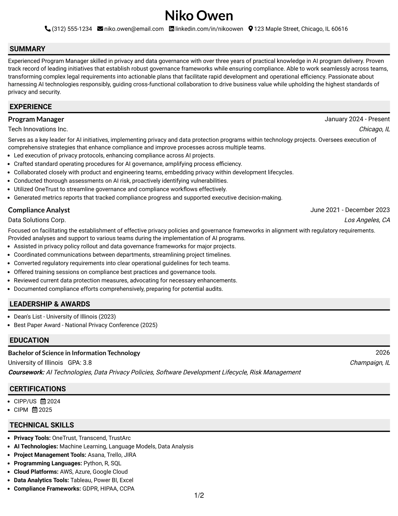 Resume Example Page 1