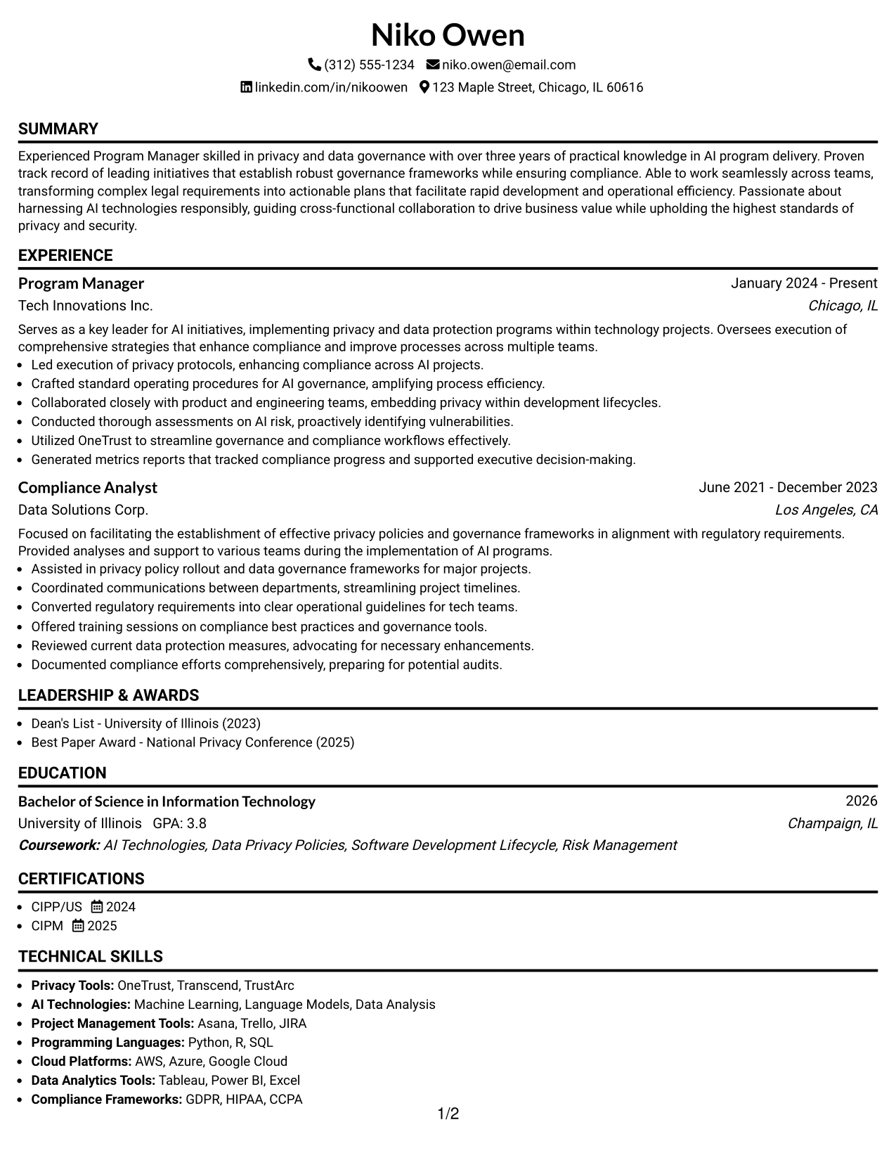 Resume Example Page 1