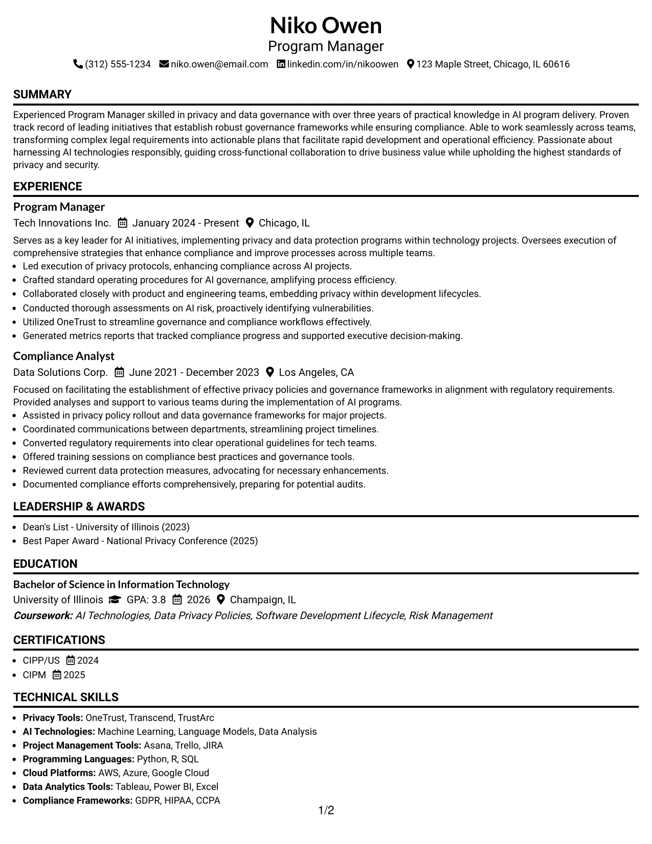 Resume Example Page 1