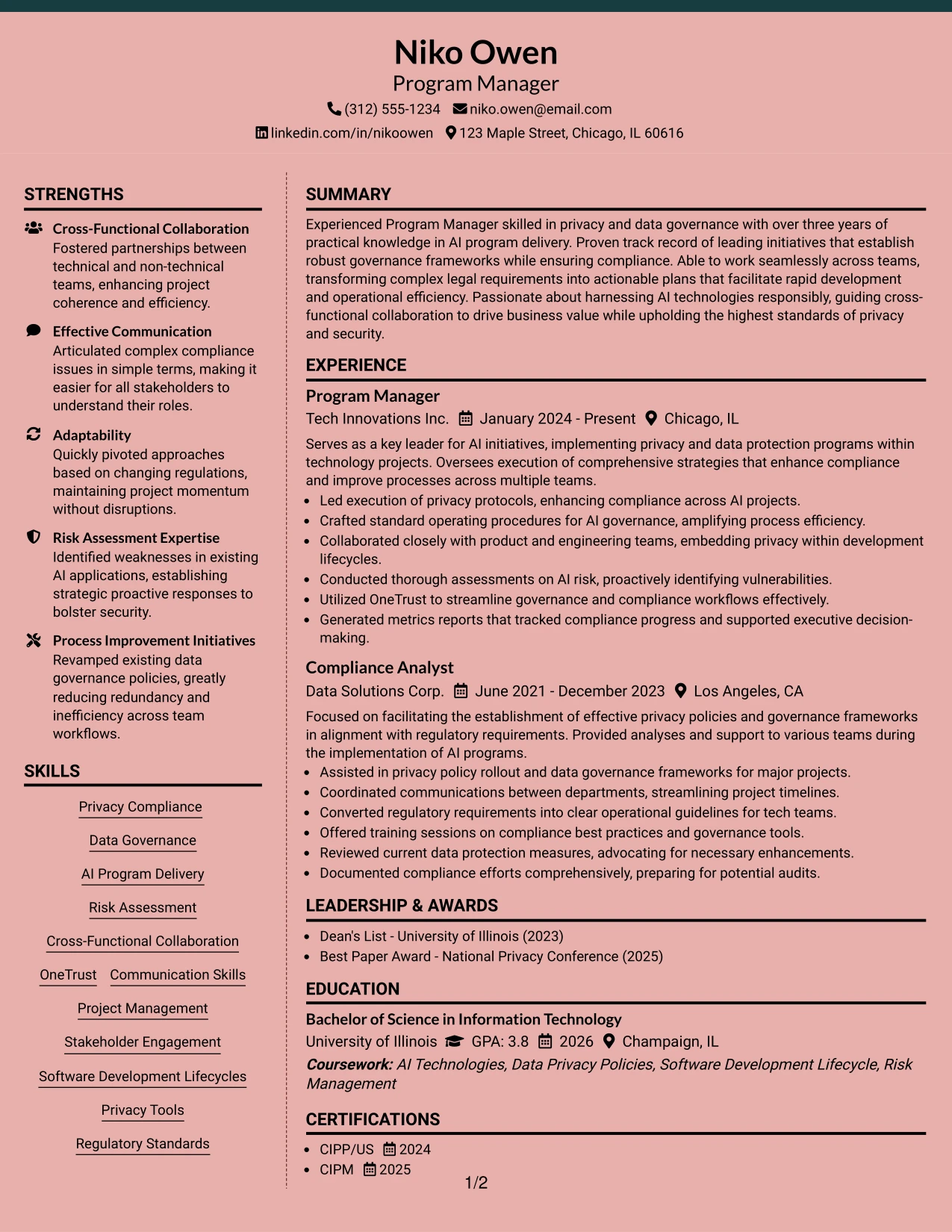Resume Example Page 1