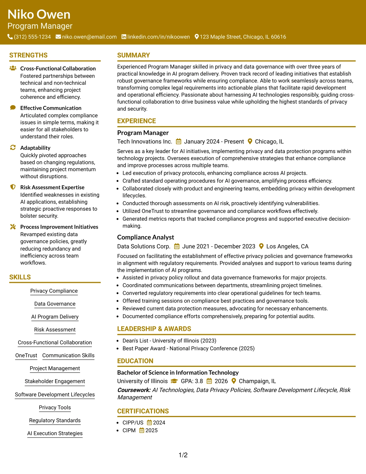 Resume Example Page 1