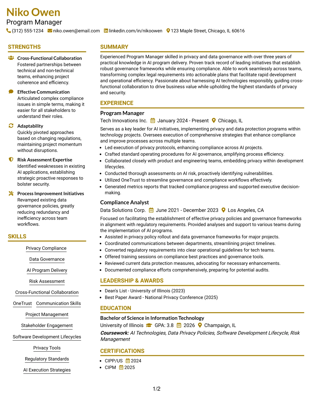 Resume Example Page 1