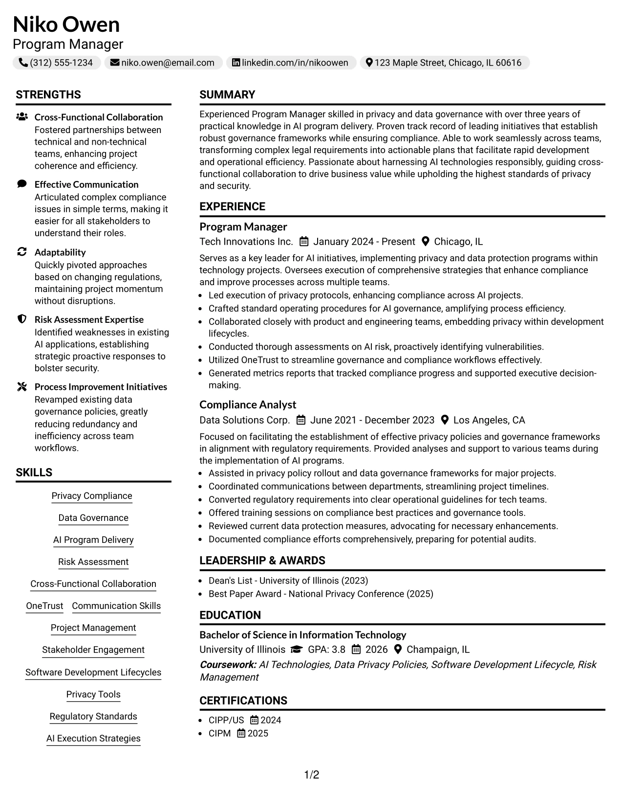 Resume Example Page 1