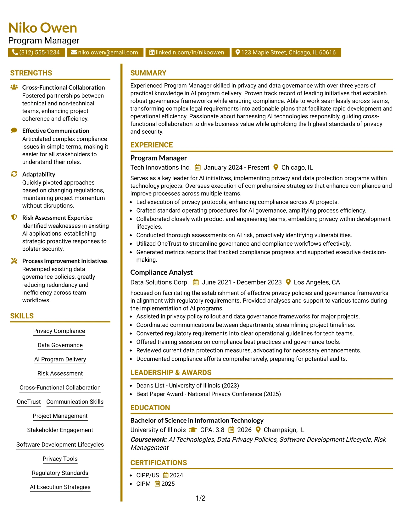 Resume Example Page 1