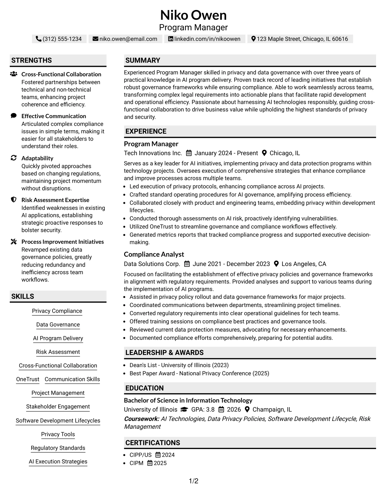 Resume Example Page 1