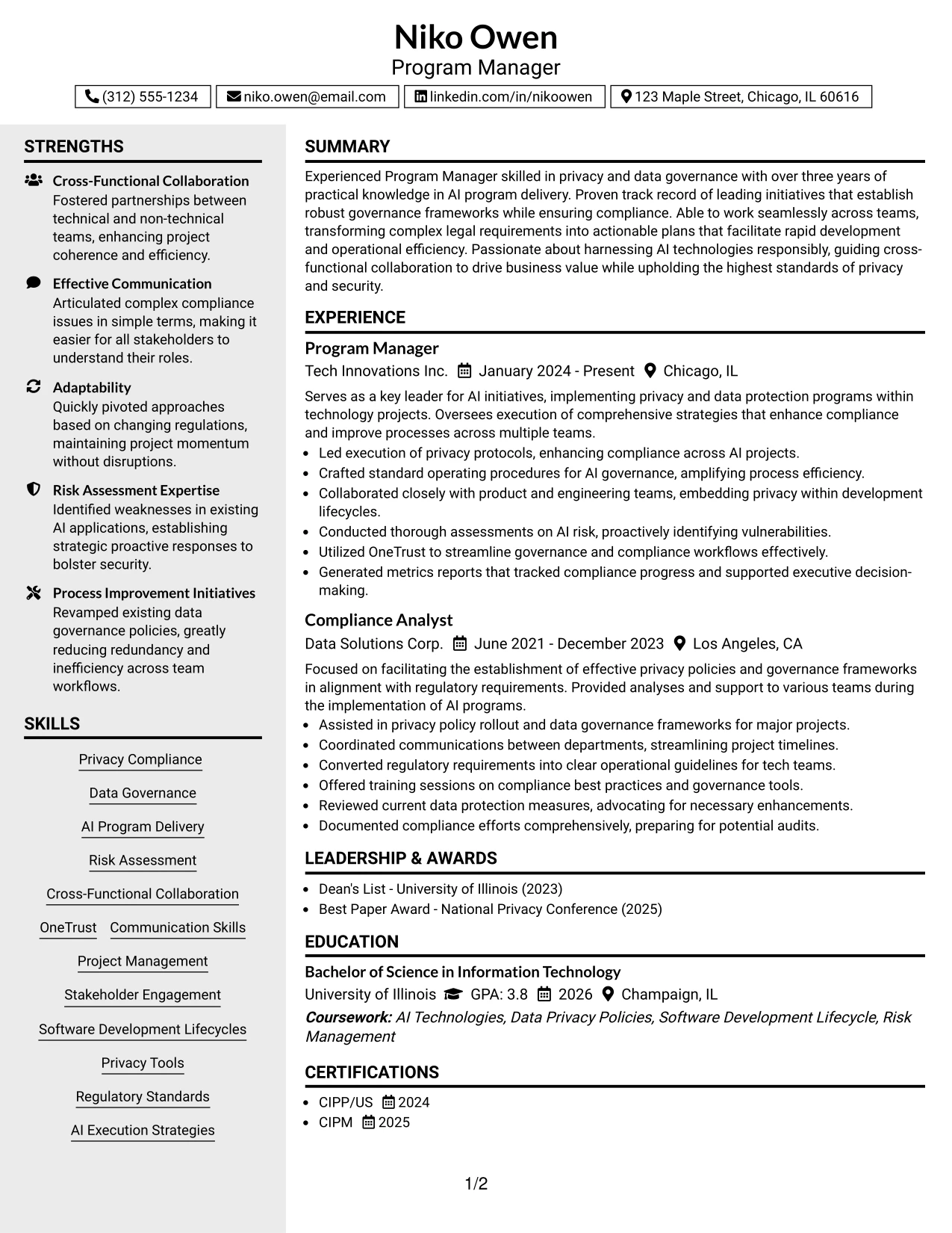 Resume Example Page 1