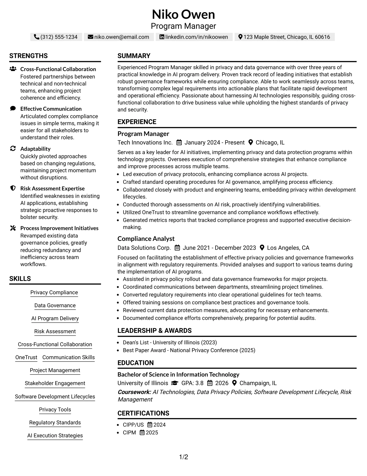 Resume Example Page 1