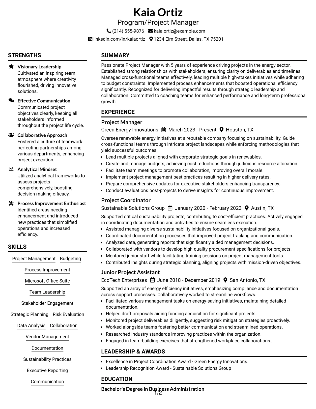 Resume Example Page 1