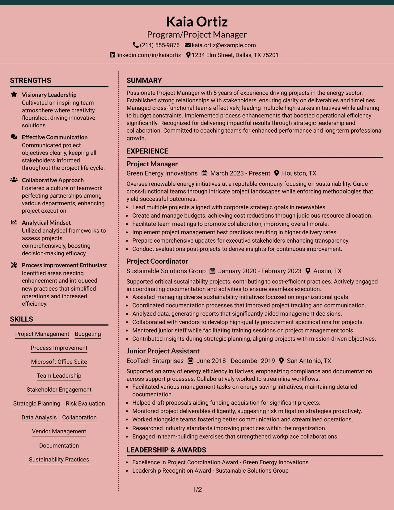 Resume Example Page 1