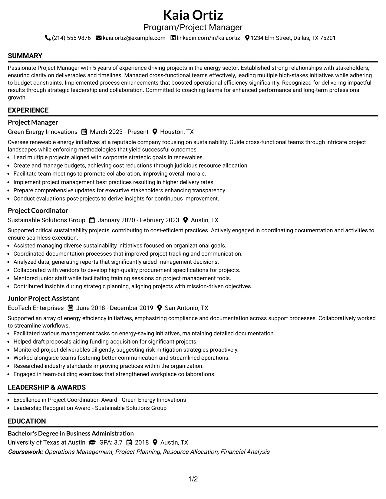 Resume Example Page 1