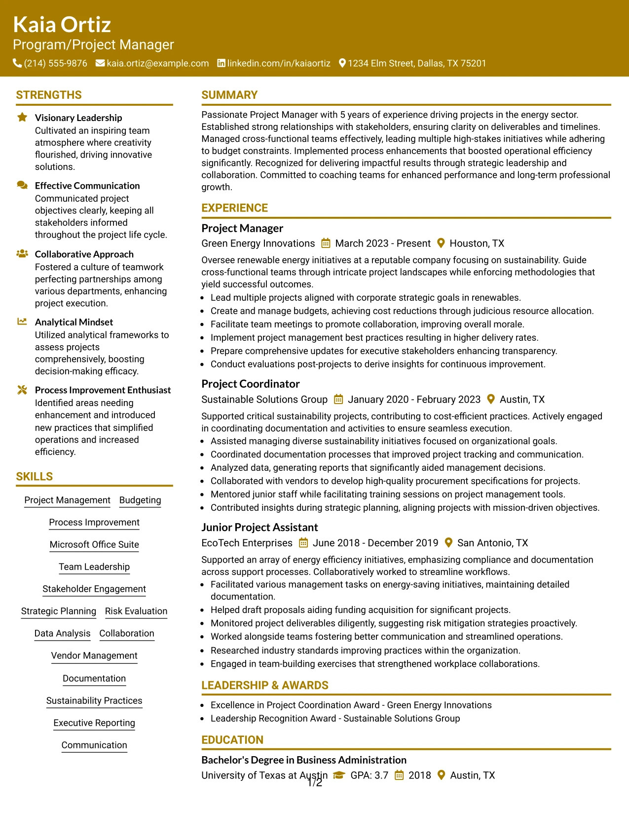 Resume Example Page 1