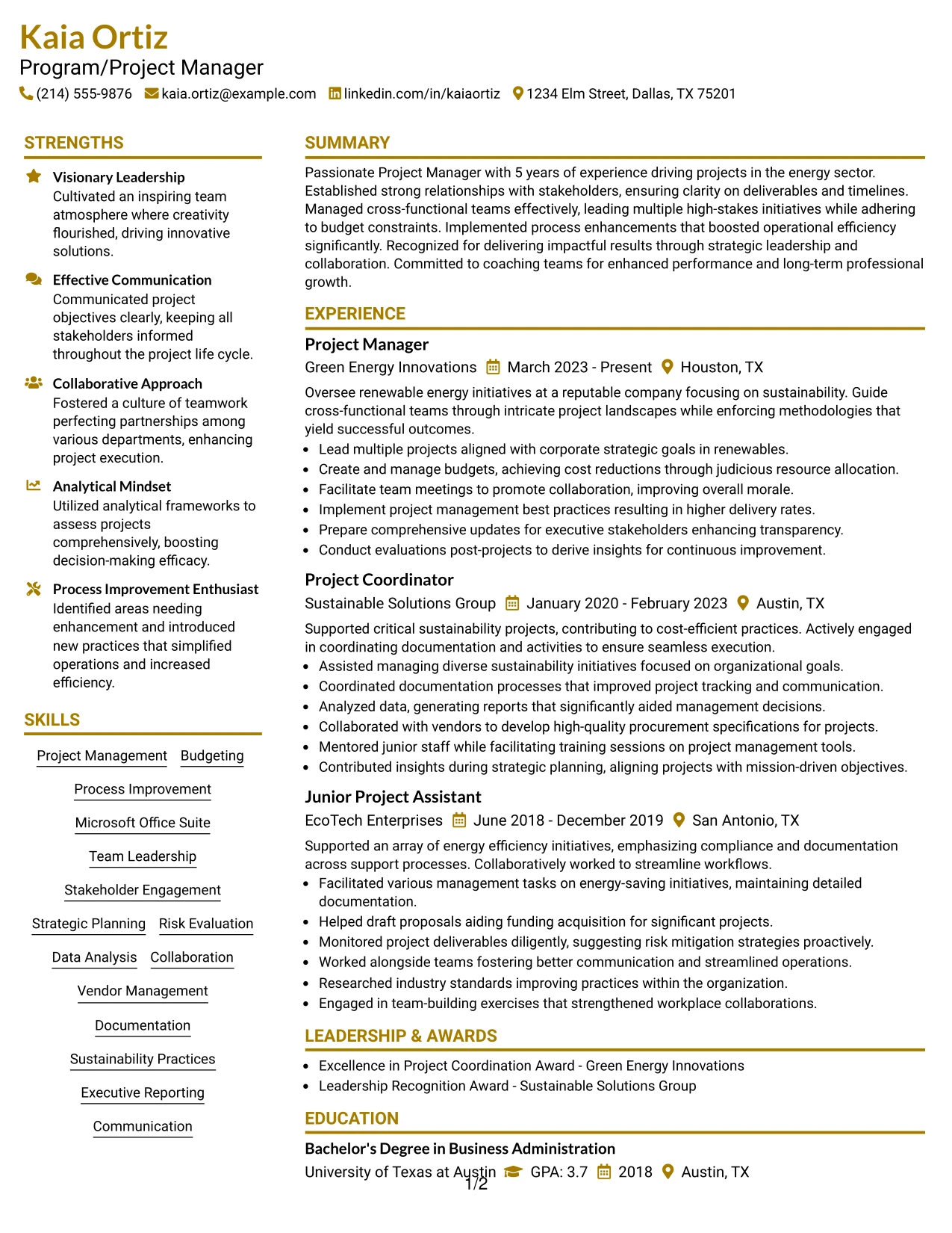 Resume Example Page 1
