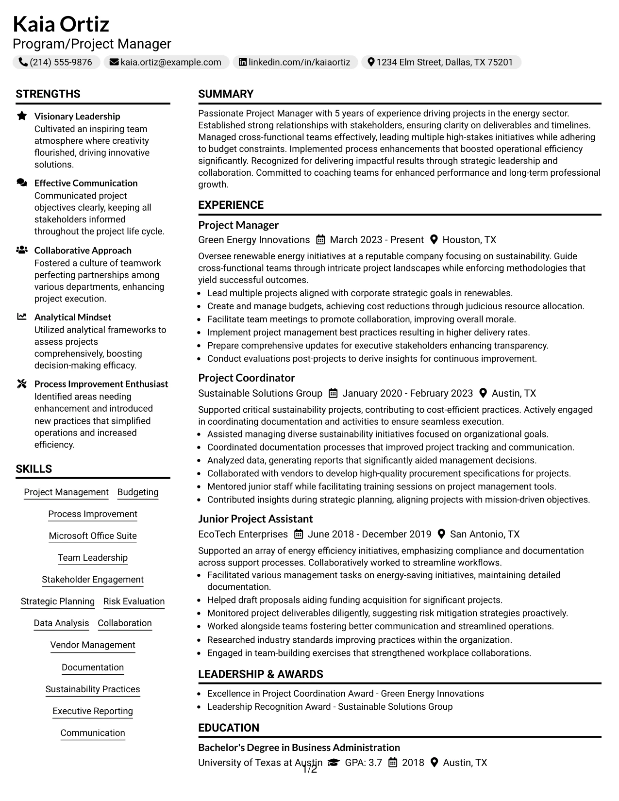 Resume Example Page 1