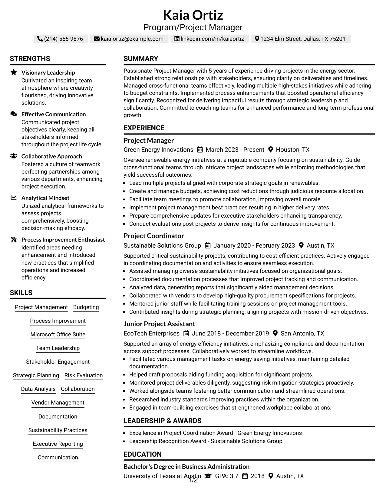 Resume Example Page 1