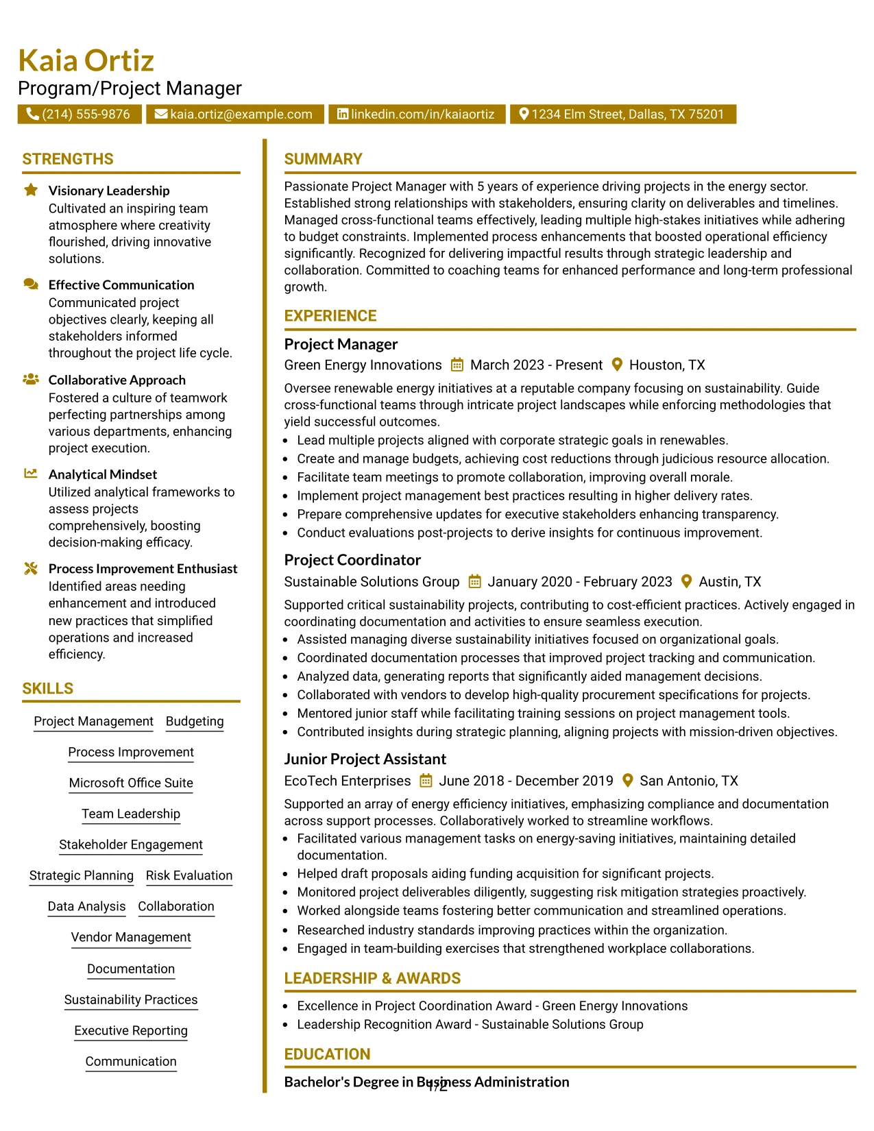 Resume Example Page 1