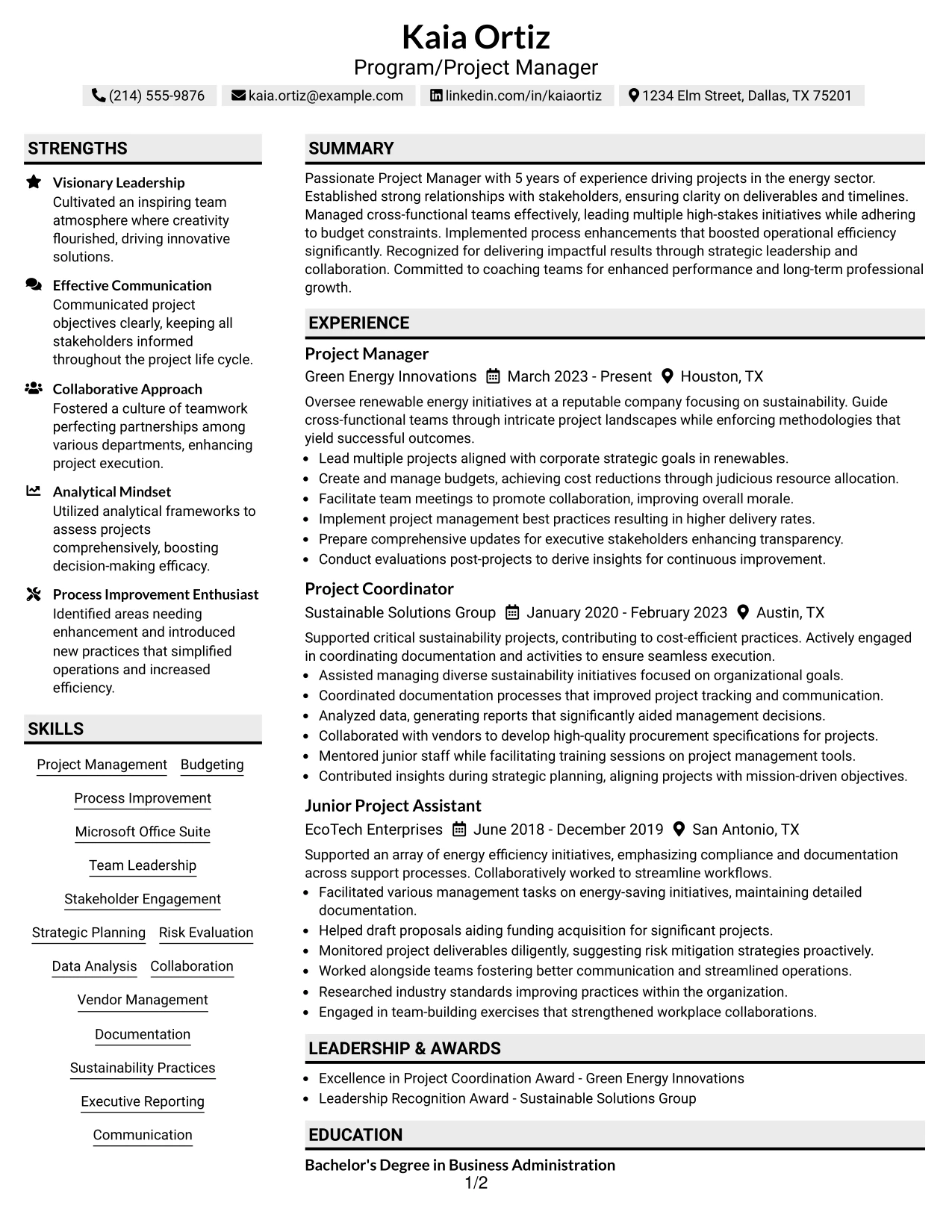 Resume Example Page 1