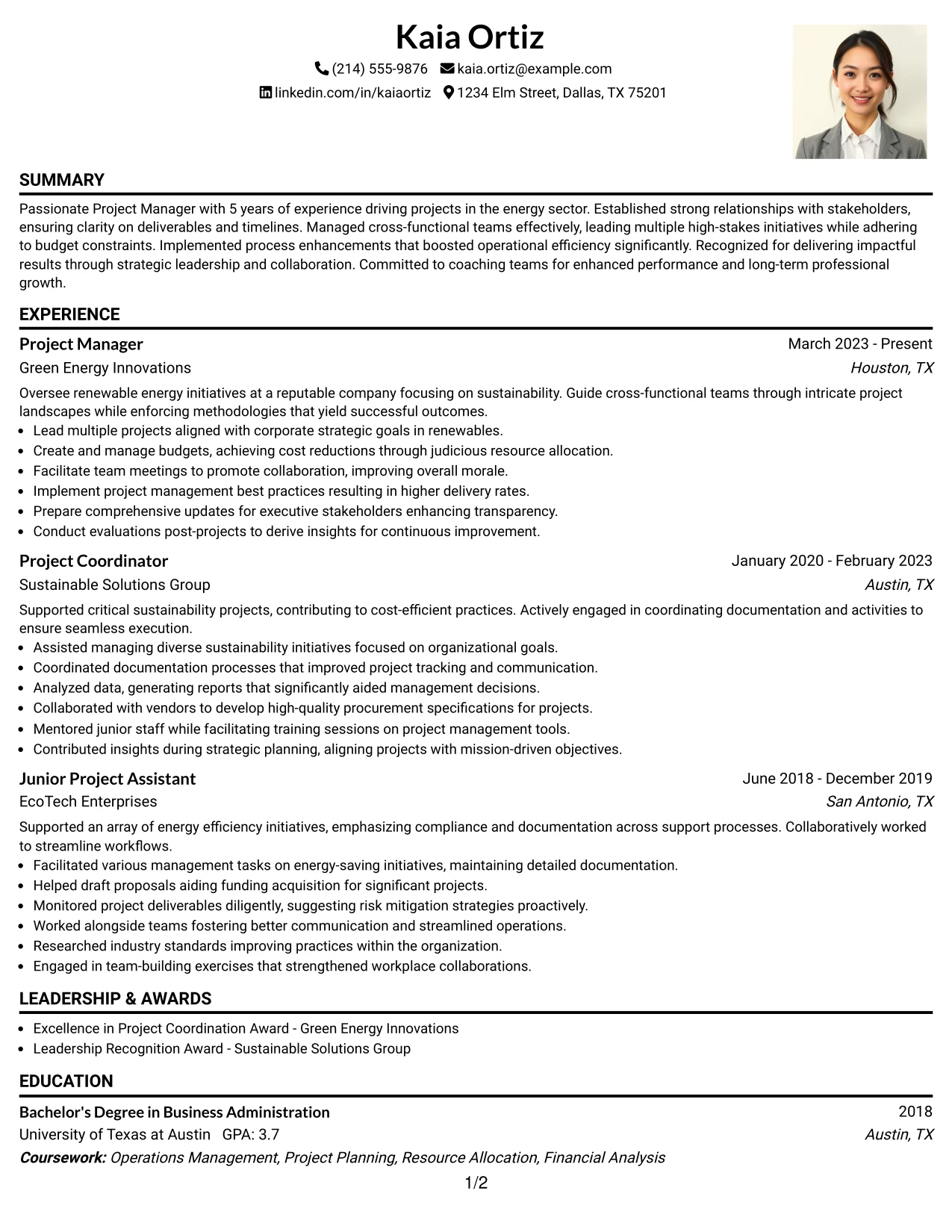 Resume Example Page 1