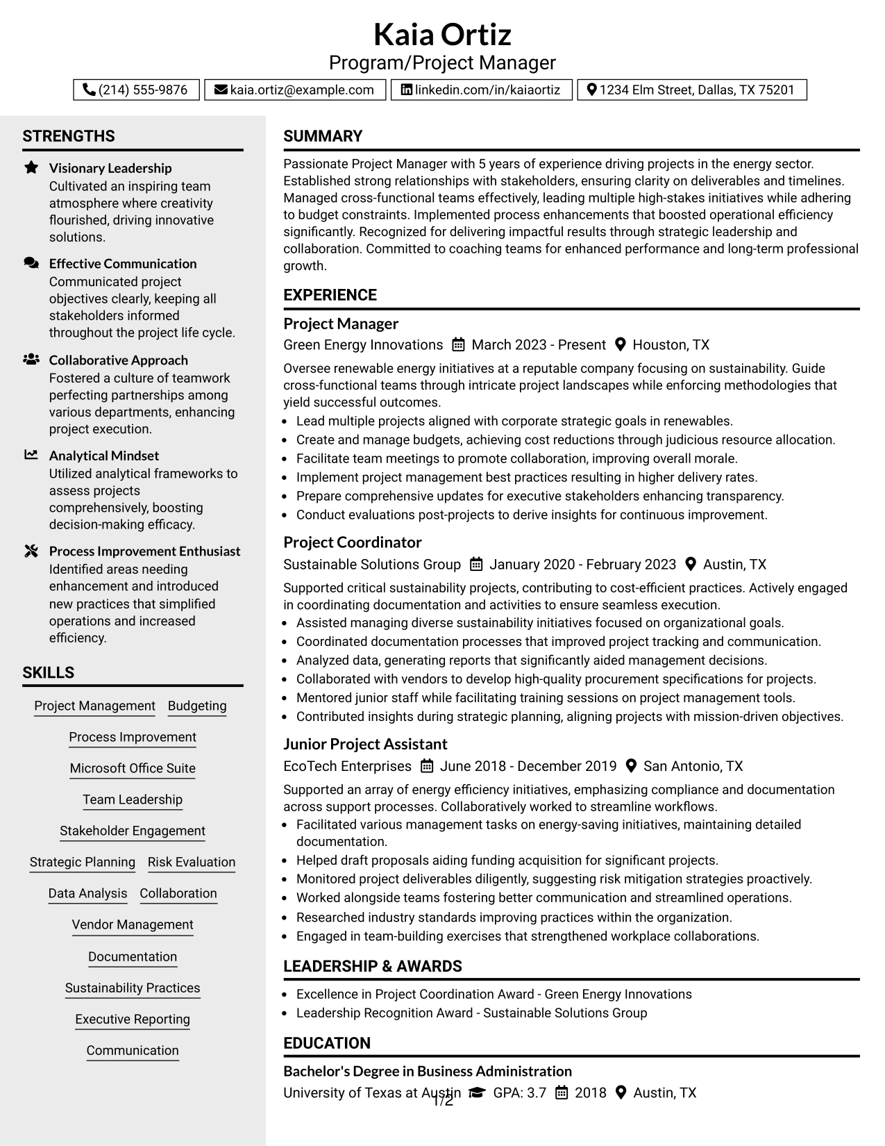 Resume Example Page 1