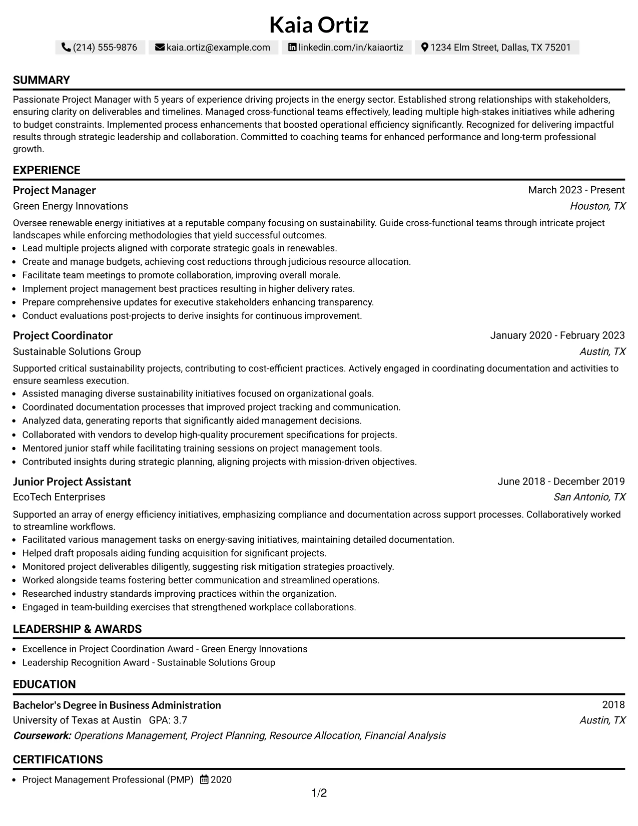 Resume Example Page 1