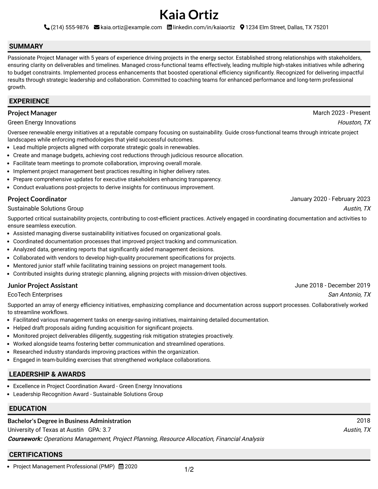 Resume Example Page 1
