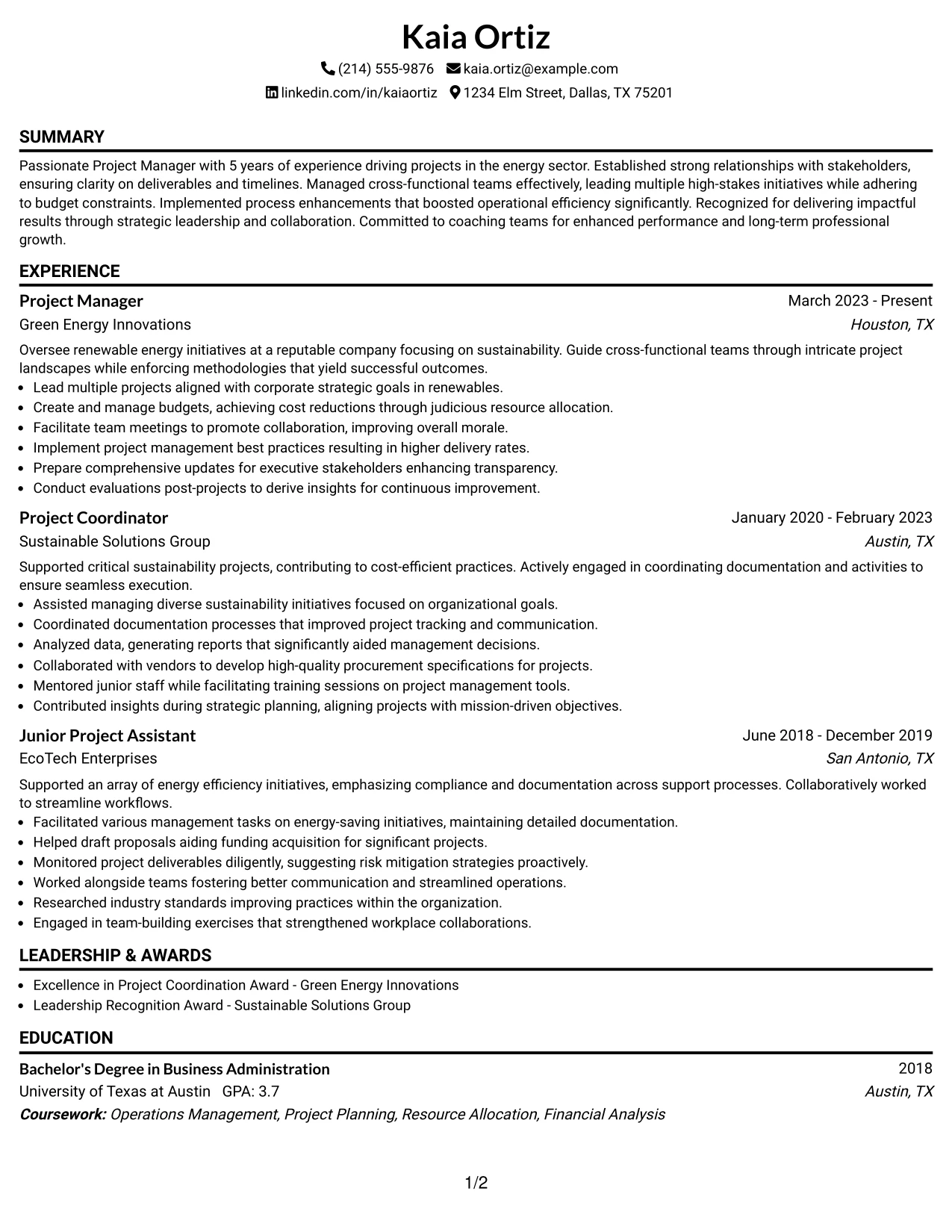 Resume Example Page 1
