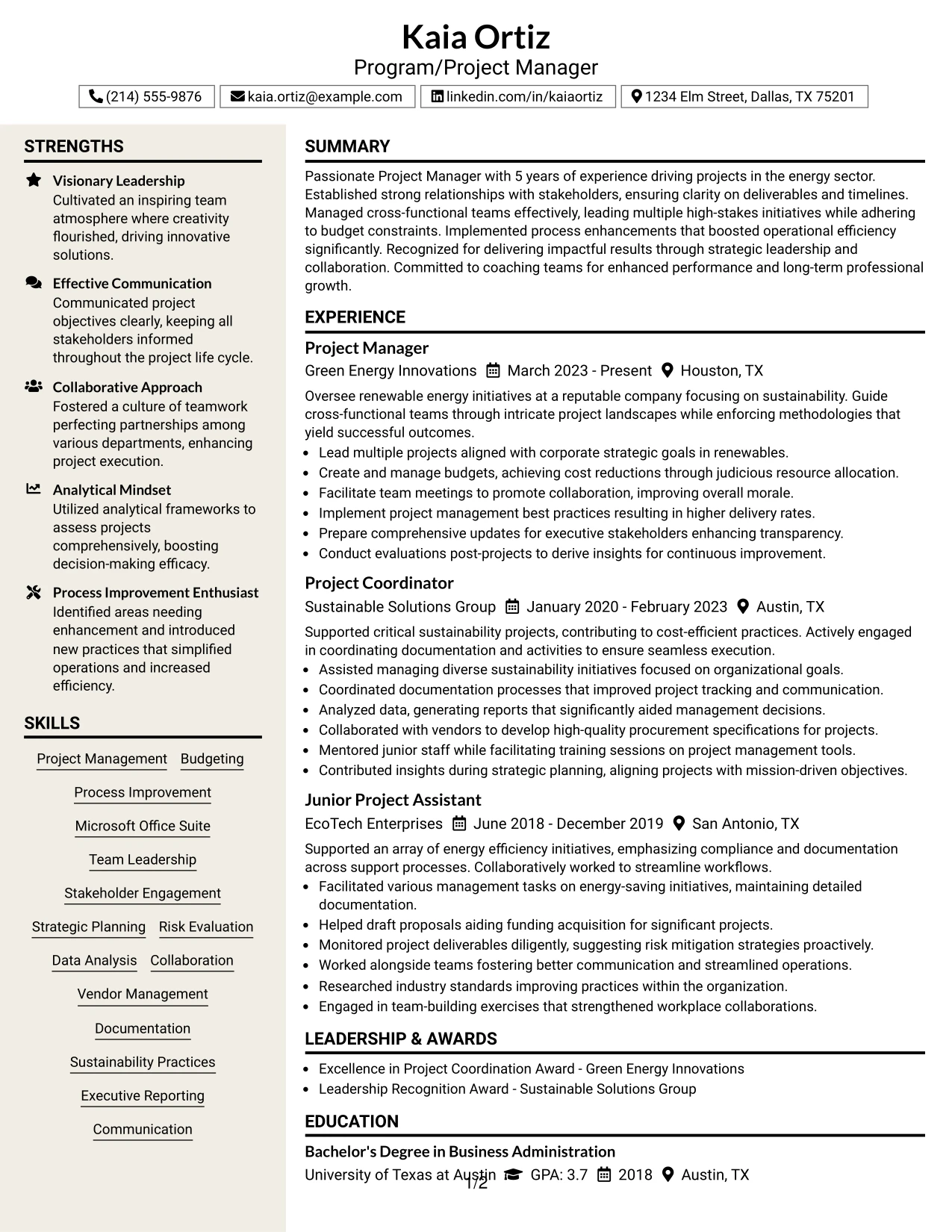 Resume Example Page 1