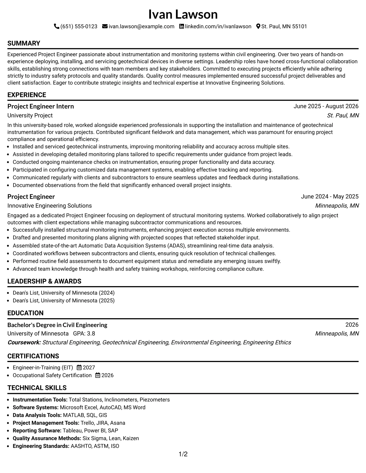 Resume Example Page 1