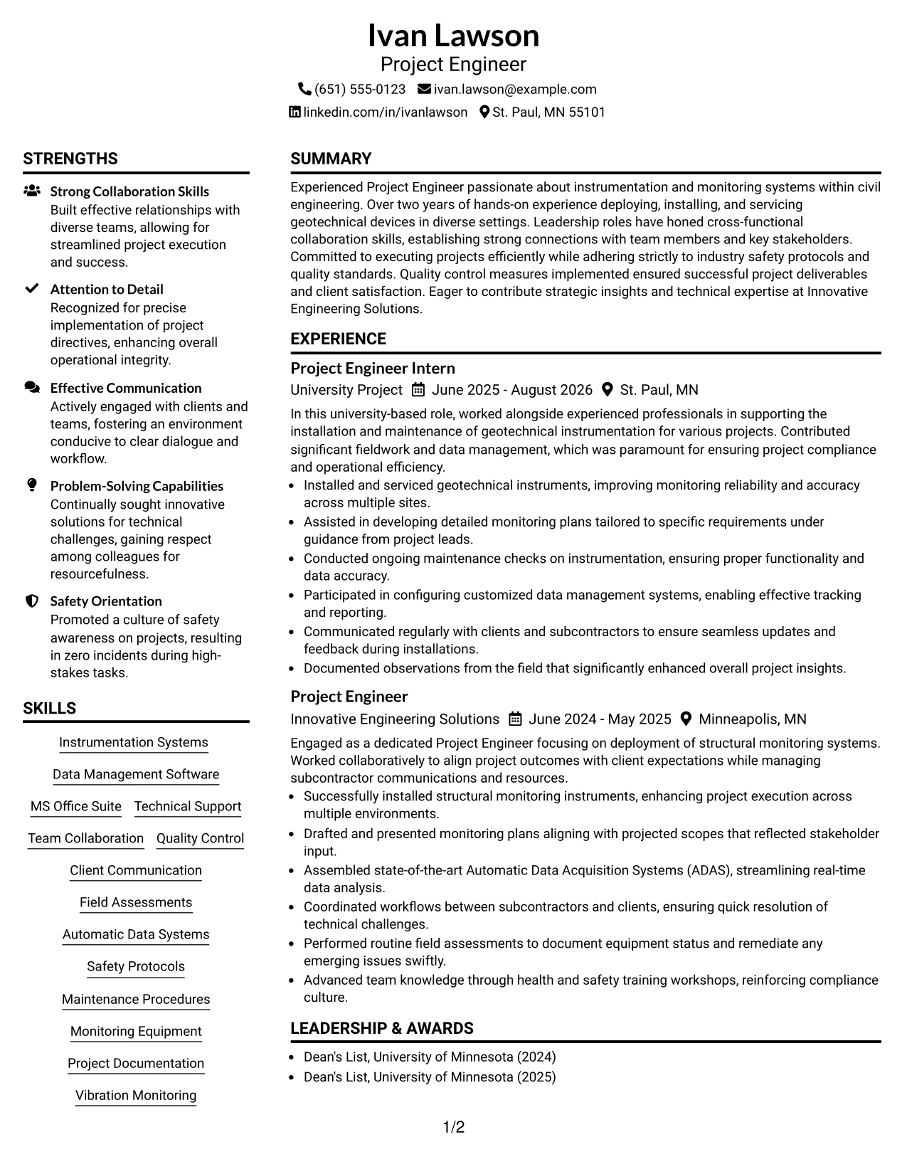 Resume Example Page 1