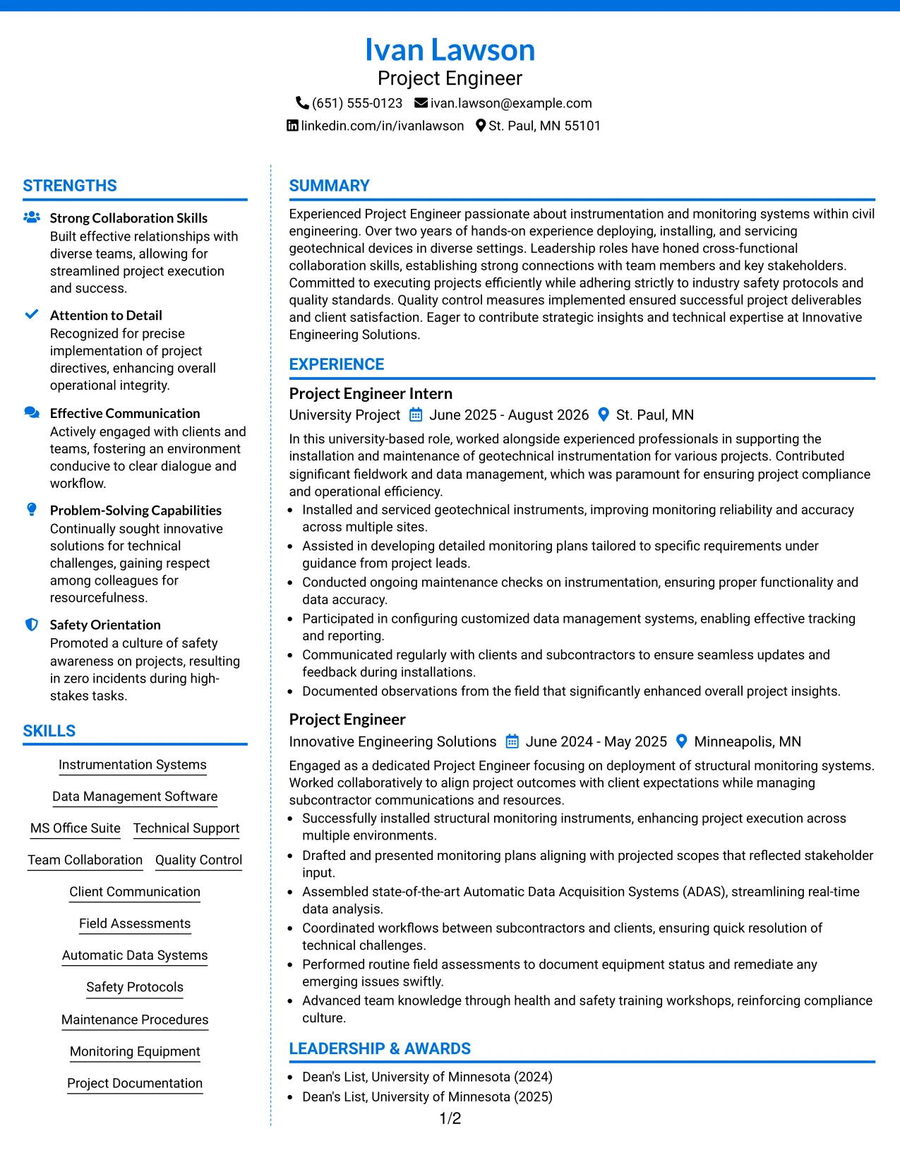 Resume Example Page 1