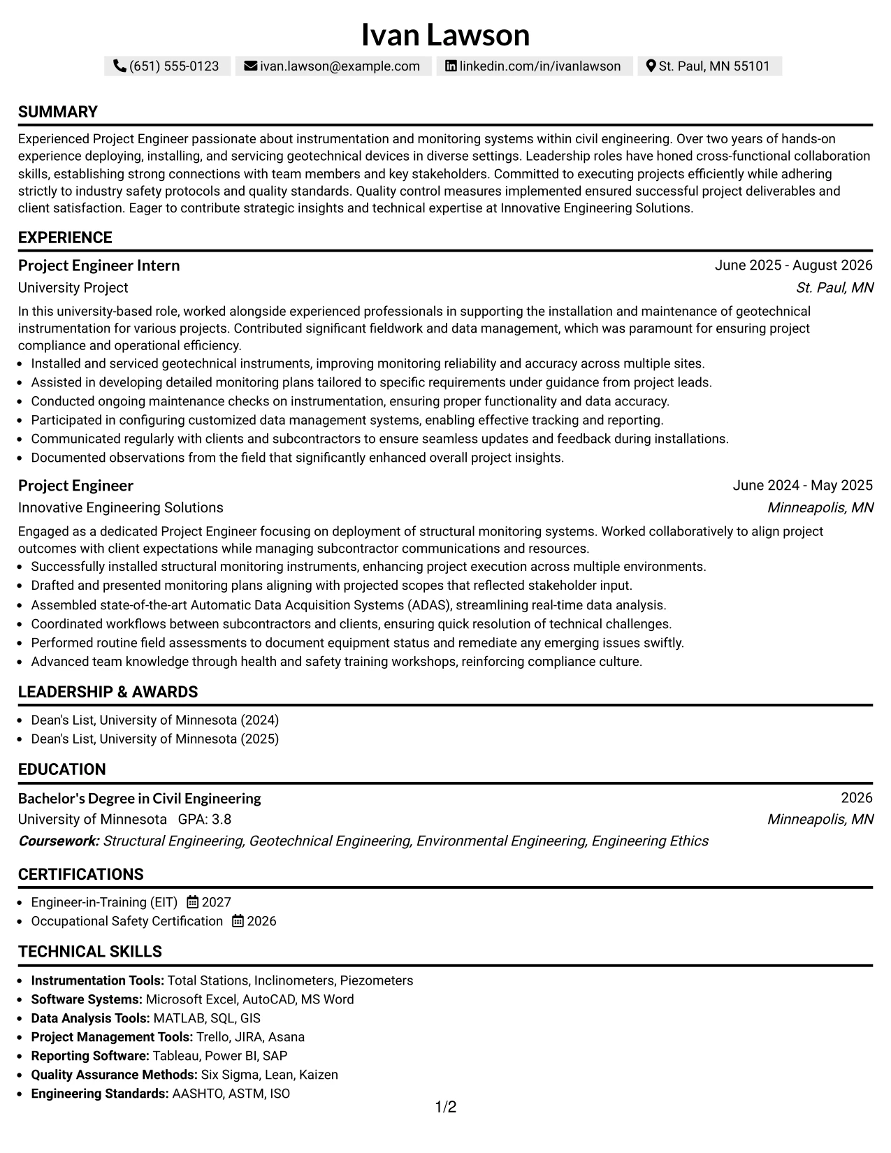 Resume Example Page 1
