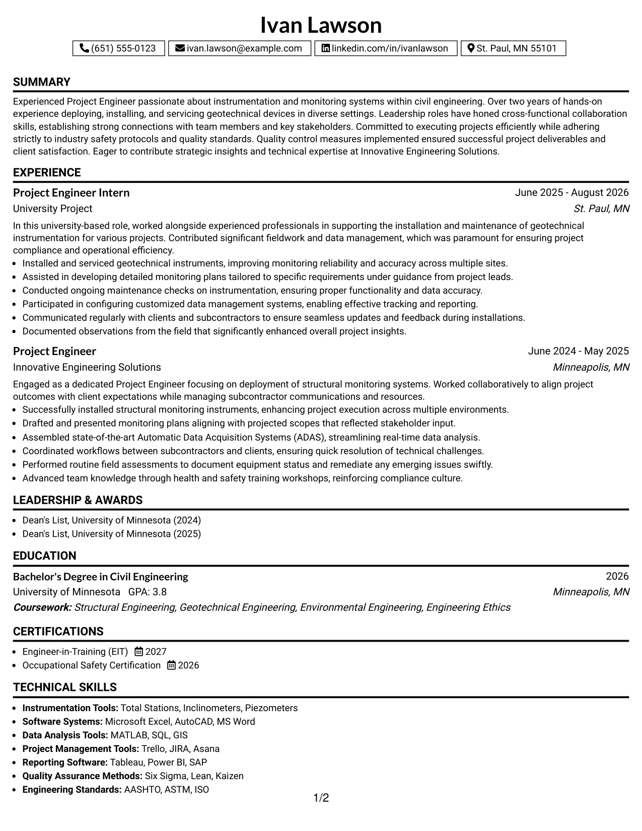 Resume Example Page 1