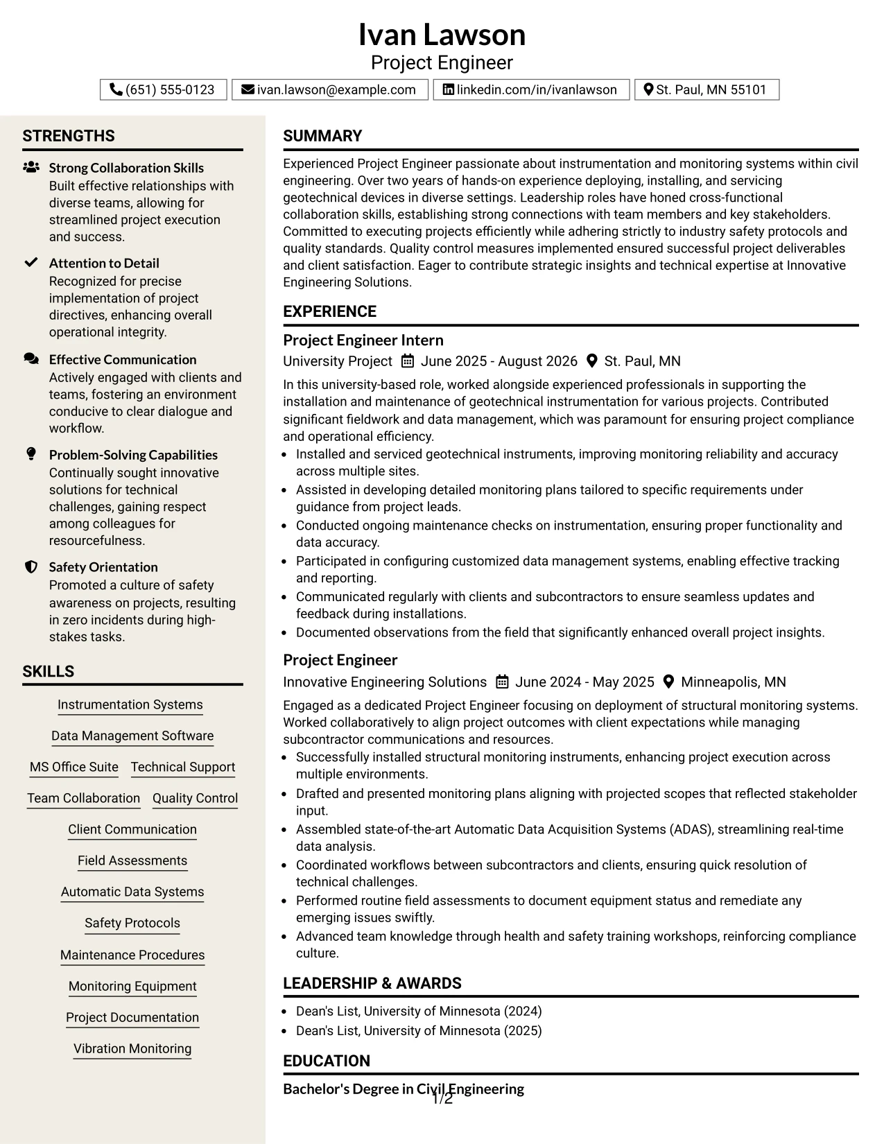 Resume Example Page 1