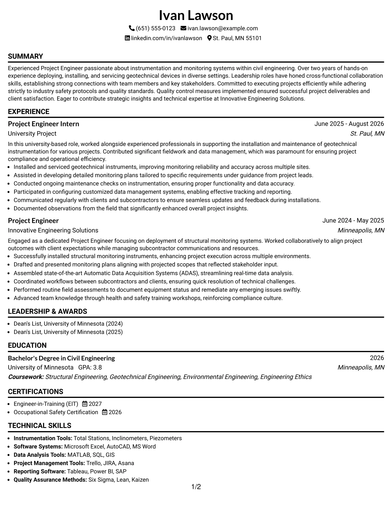 Resume Example Page 1