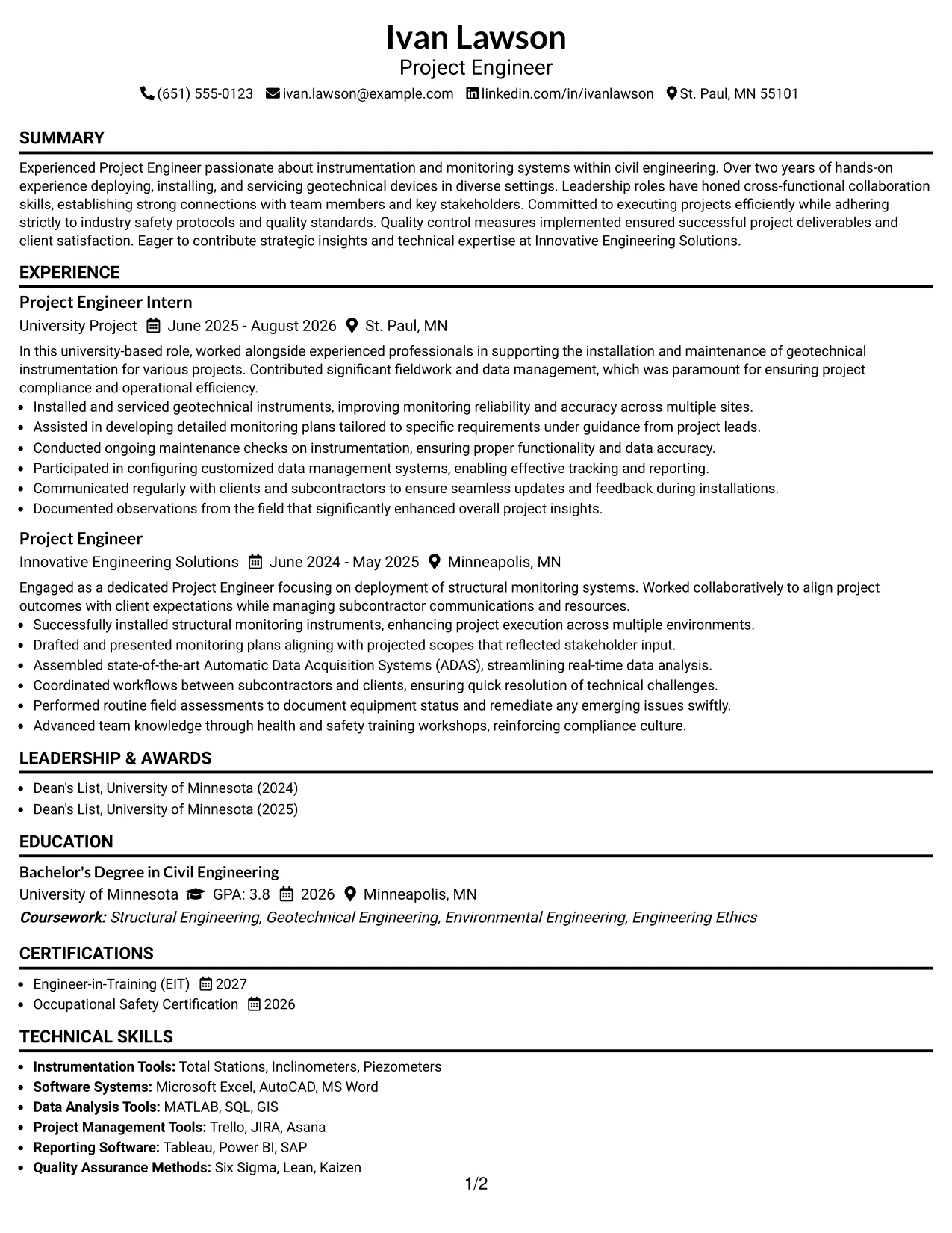 Resume Example Page 1