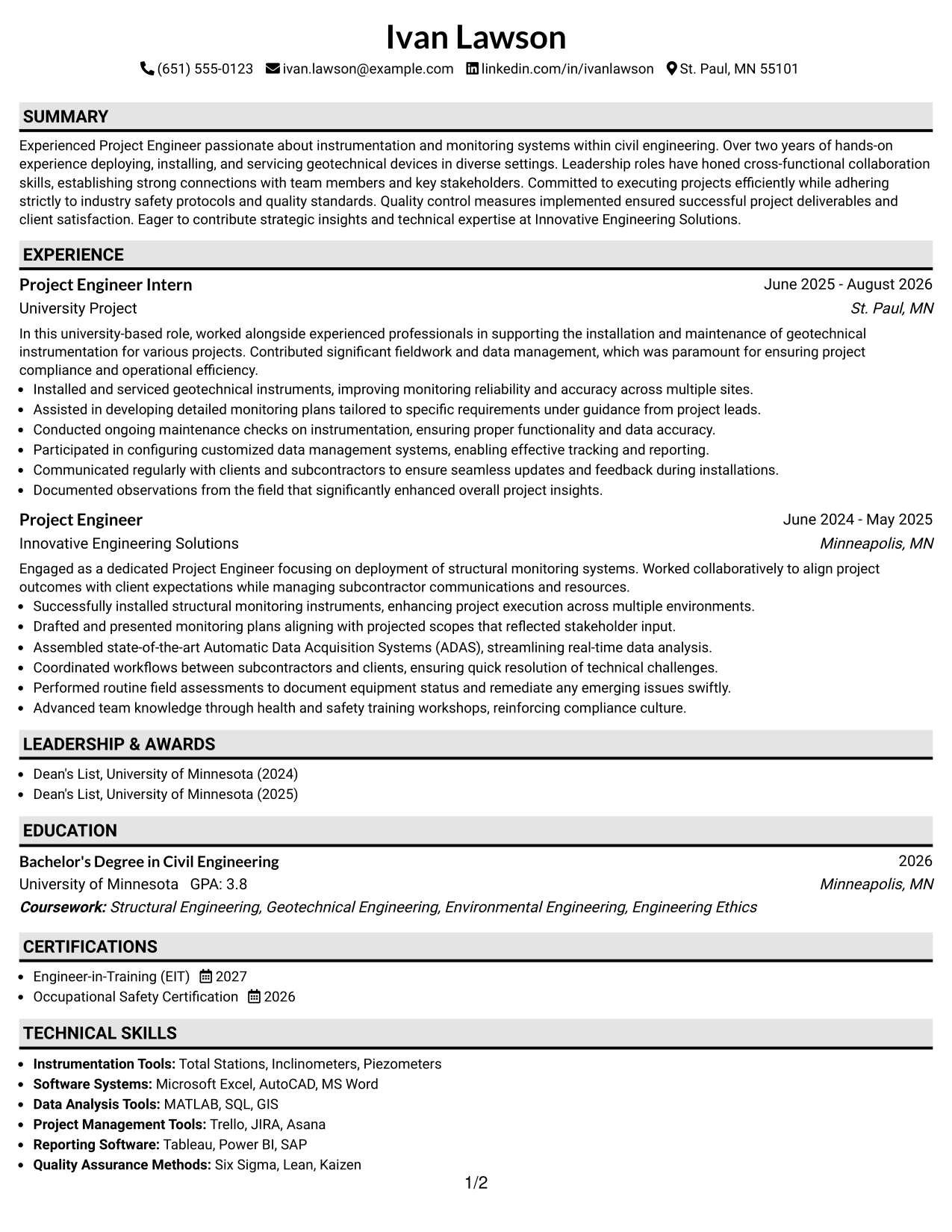 Resume Example Page 1