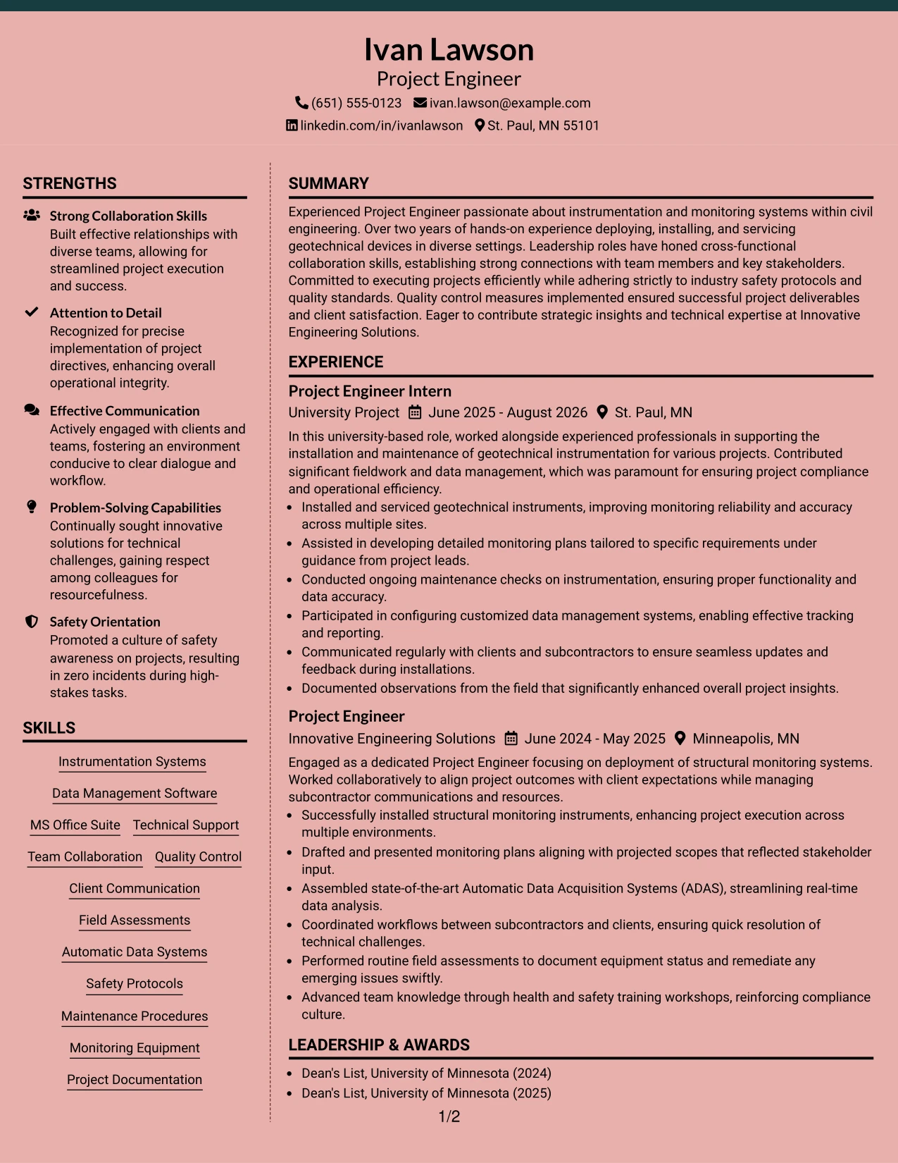 Resume Example Page 1