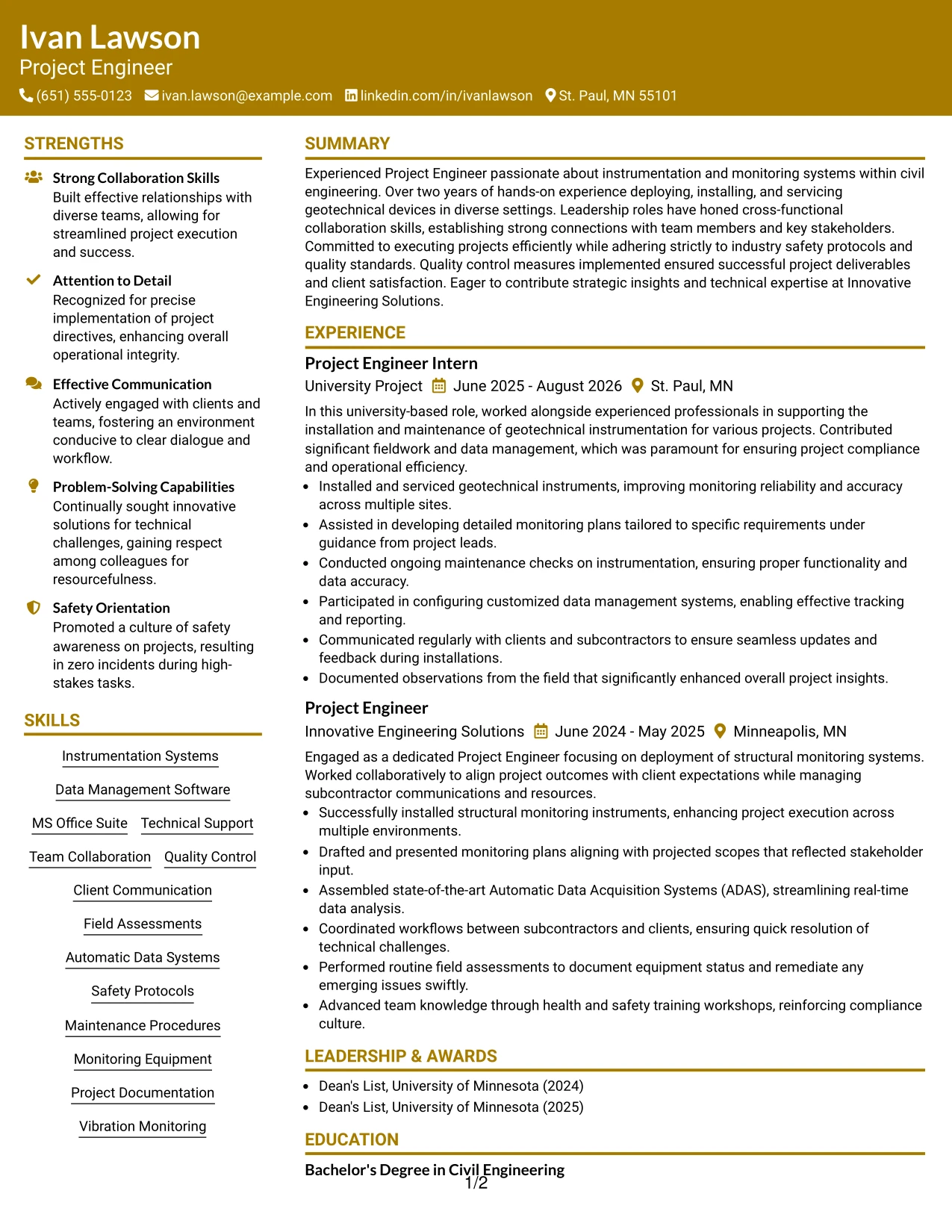 Resume Example Page 1