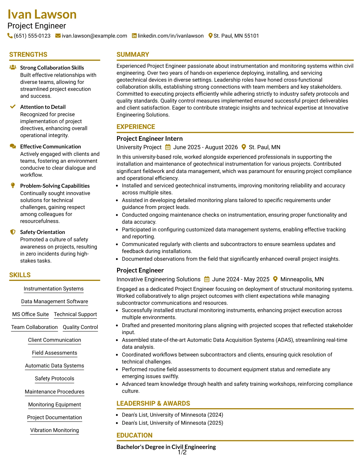Resume Example Page 1