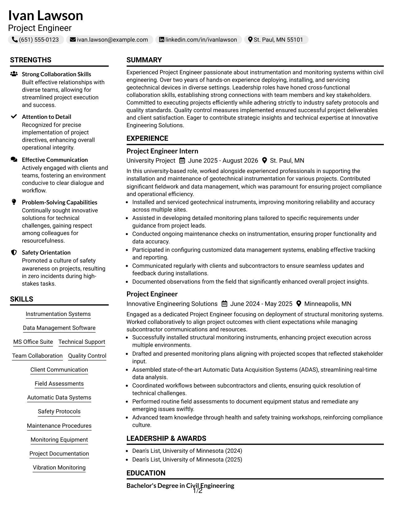 Resume Example Page 1