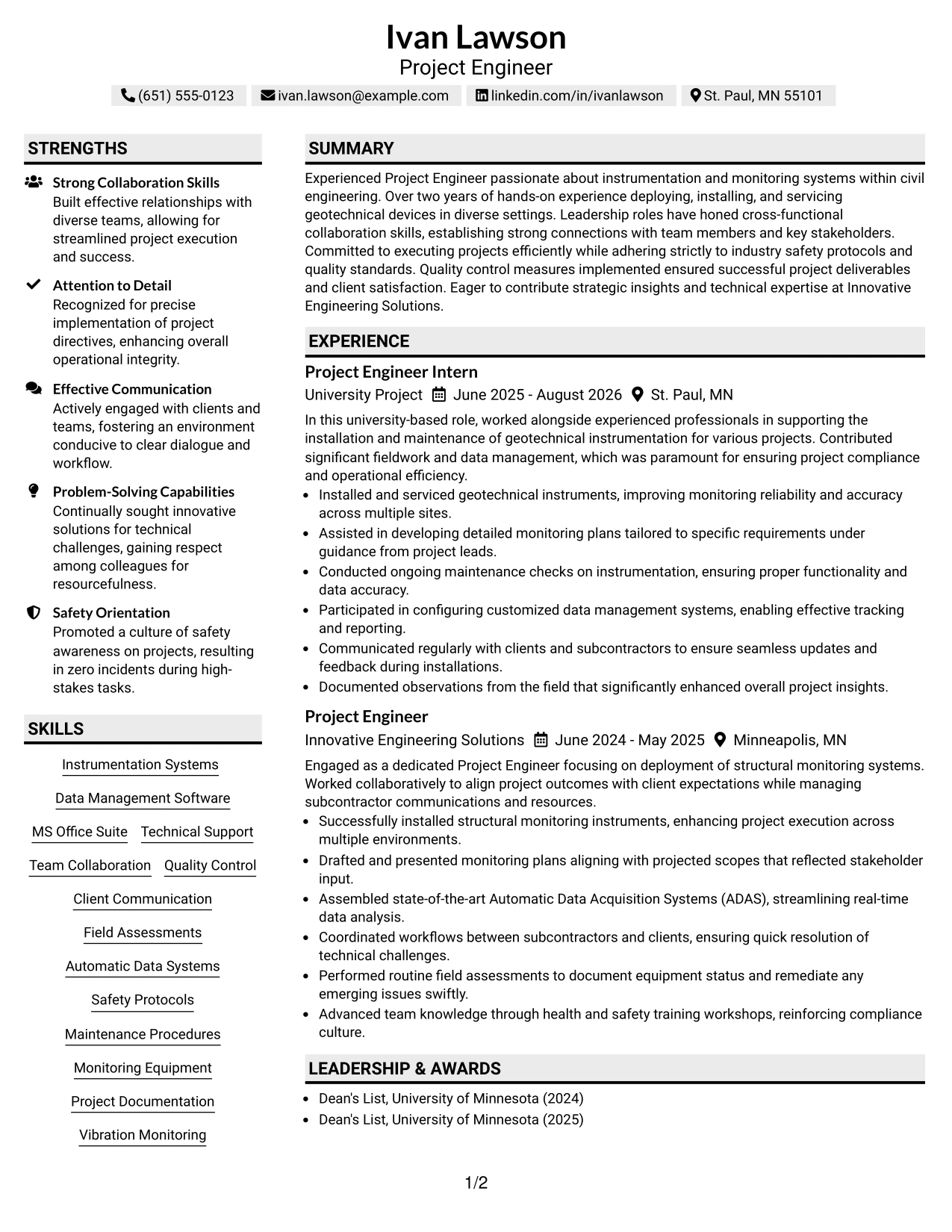 Resume Example Page 1