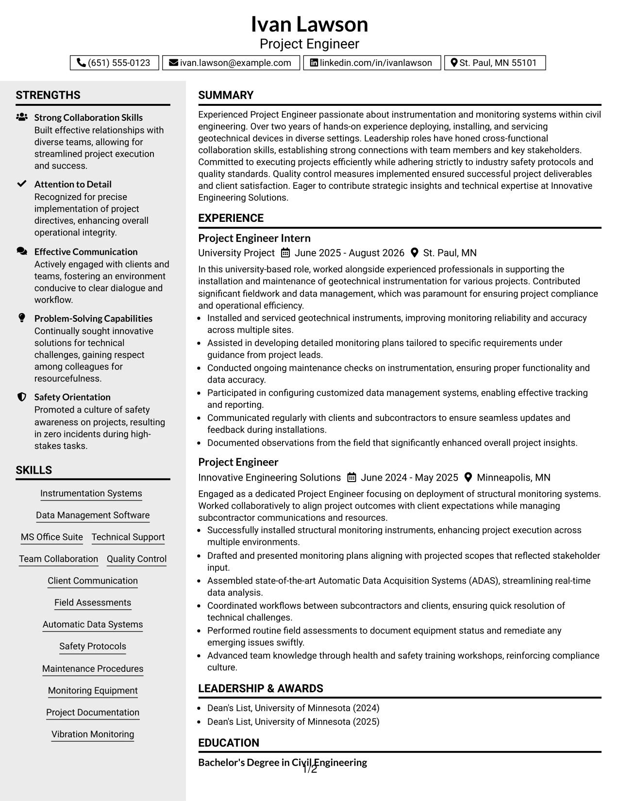 Resume Example Page 1