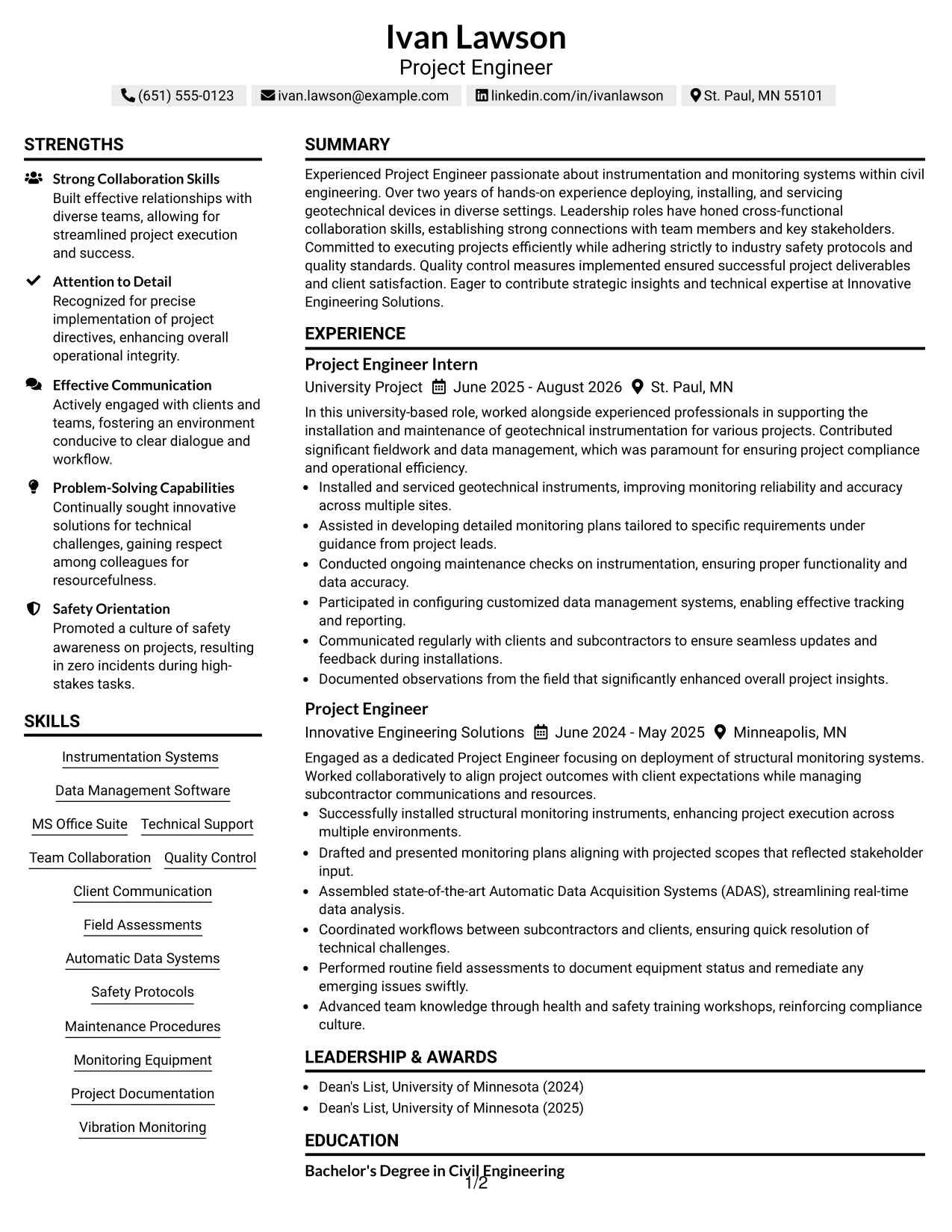 Resume Example Page 1