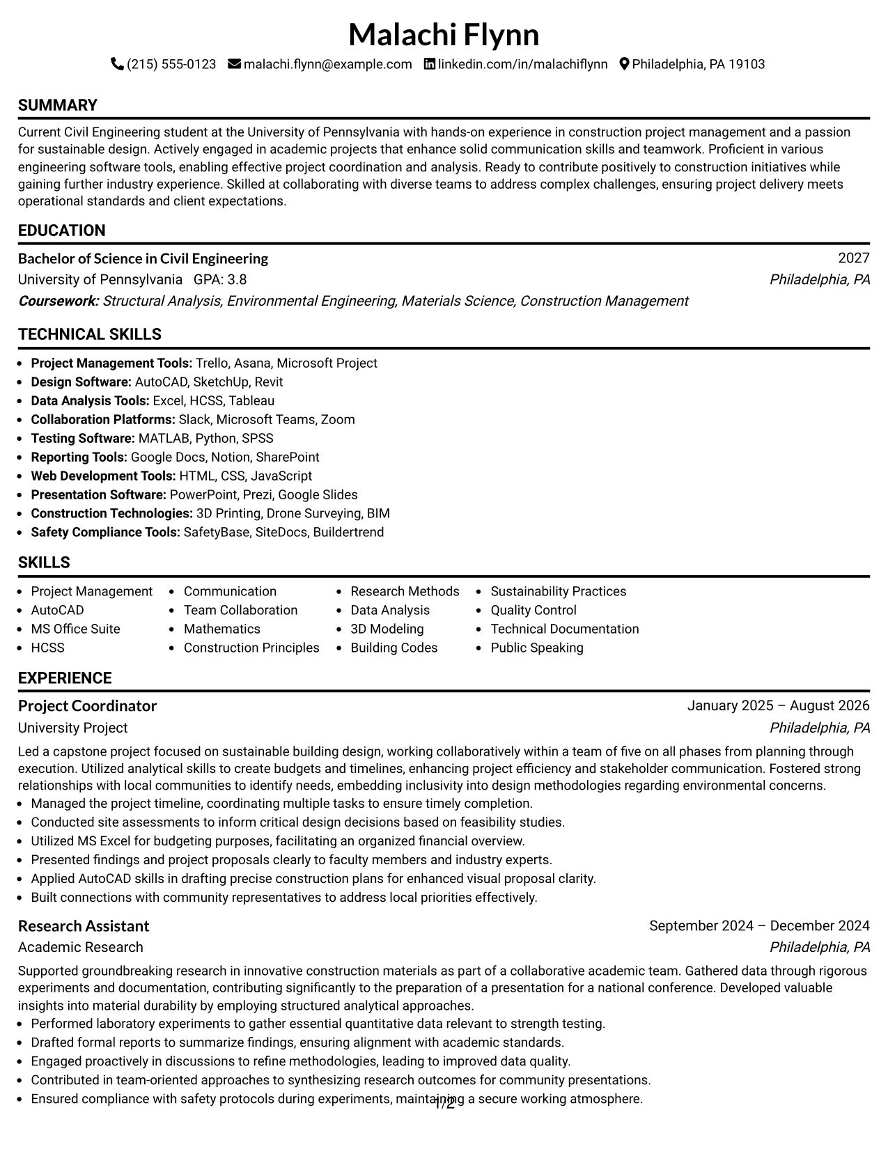 Resume Example Page 1