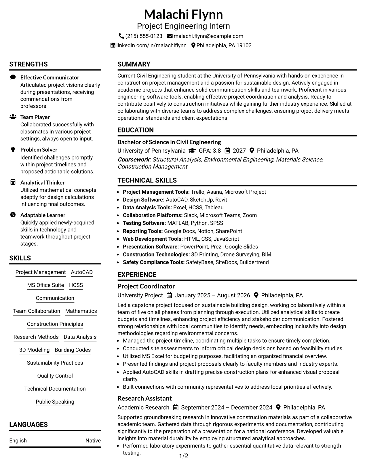 Resume Example Page 1