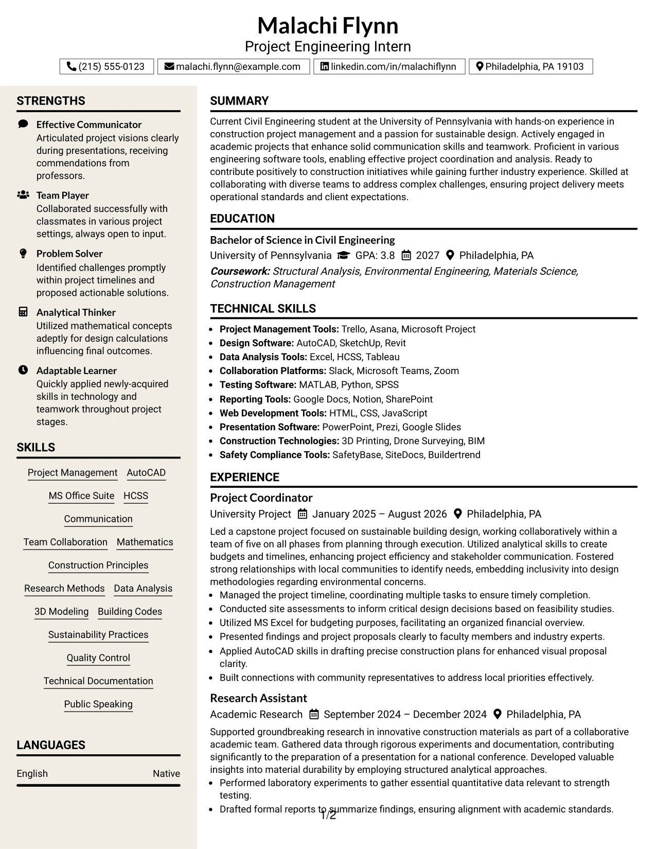Resume Example Page 1