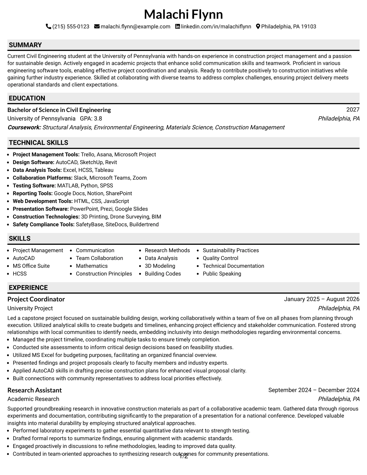Resume Example Page 1