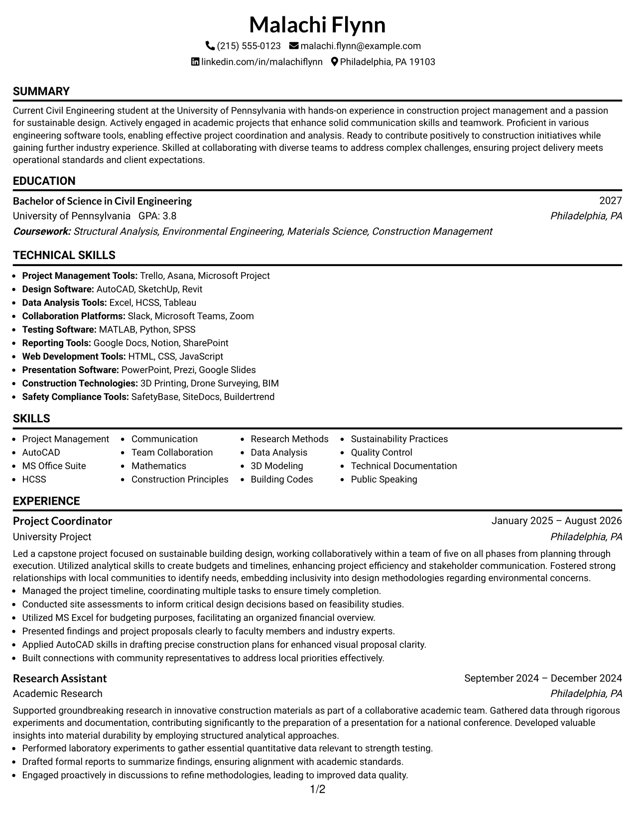 Resume Example Page 1