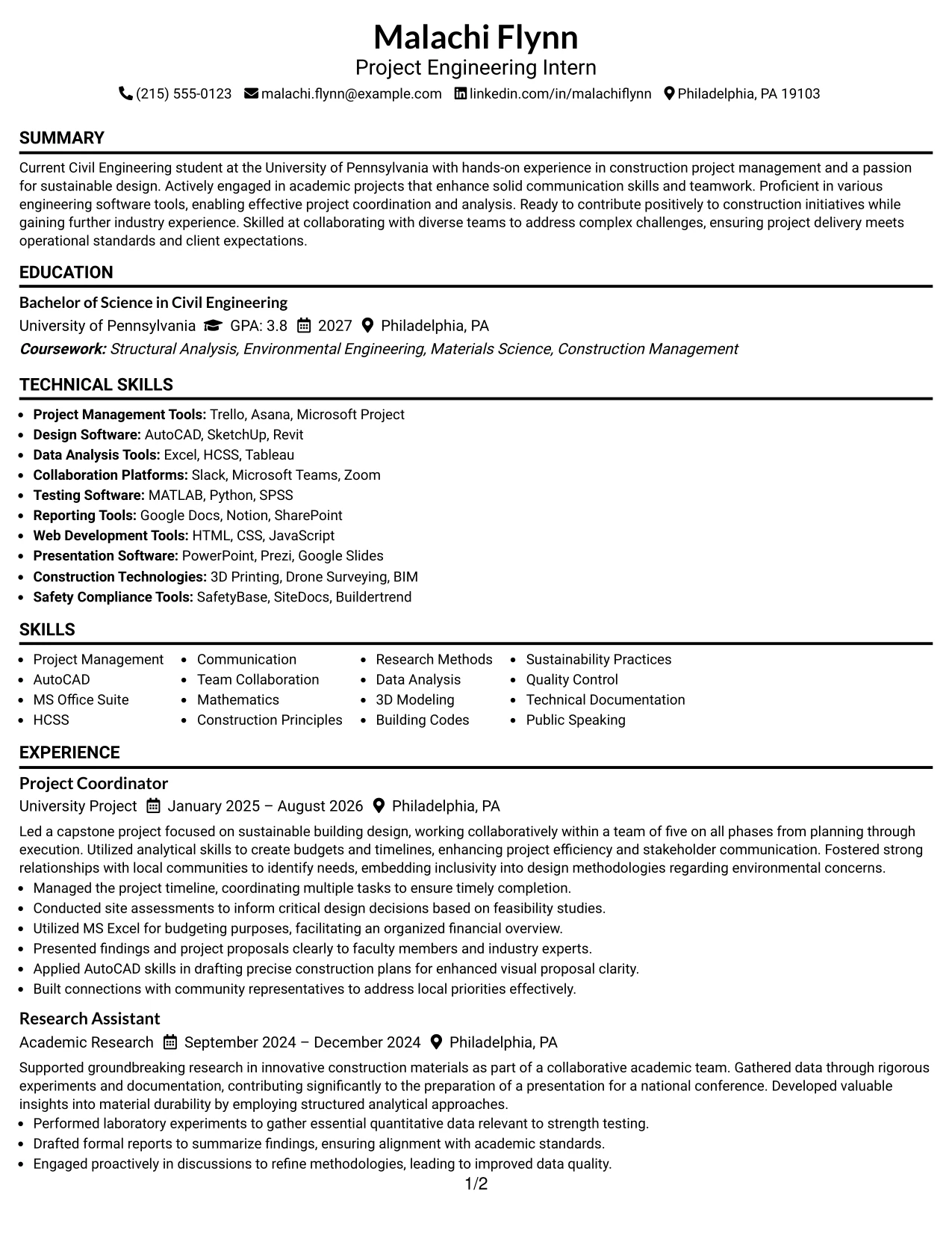 Resume Example Page 1
